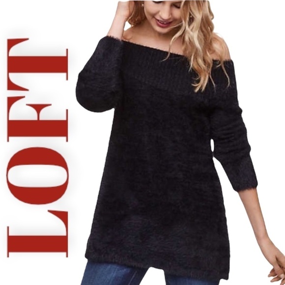 LOFT Black Fuzzy Off-The-Shoulder Sweater, Size Medium - Picture 9 of 9